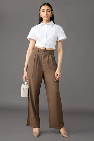 Classic pleated wide leg korean pants - olive brown