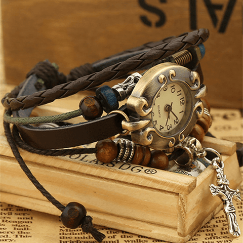 Vintage Cowhide Bracelet Watch Beaded Cross Pendant Leather Lady Bracelet Watch Bracelet