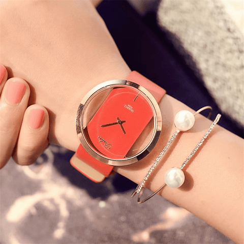 2 Pcs/Set PU Alloy Women Casual Watch Decorated Pointer Hollow Quartz Watch Bracelet