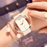 2 Pcs/Set PU Alloy Women Casual Watch Decorated Pointer Hollow Quartz Watch Bracelet