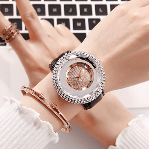 Deffrun Diamonds Elegant Design Ladies Wrist Watch PU Leather Strap Quartz Watches